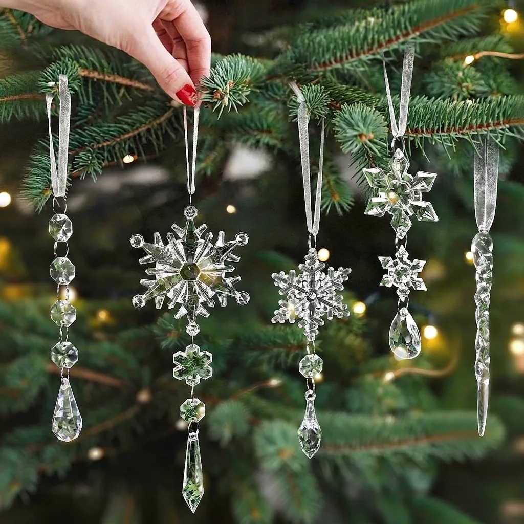 Ornements en Acrylique de Noël Flocon de Neige Glaçon Pendentifs Suspendus en Cristal Transparent pour Sapin de Noël Mariage Maison Déco DIY