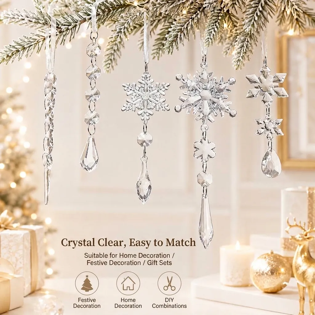 Transparent Acrylic Crystal-Look Christmas Snowflake Icicle Beaded Hanging Ornaments Set For Christmas Tree Window Party Decoration