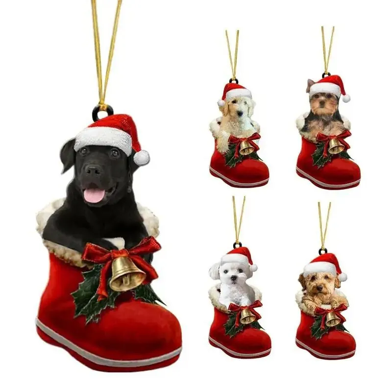 Cute Acrylic Puppy In Christmas Stocking Ornament Hanging Flat Dog Decoration For Christmas Tree Home Party Decor Gift