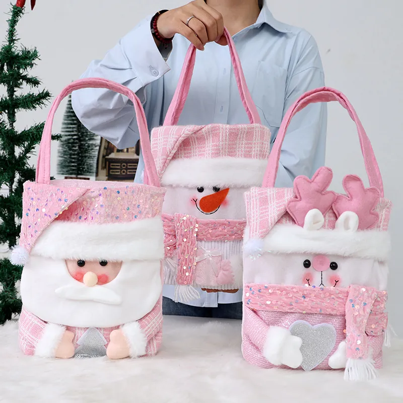 Bolsas de Regalo de Navidad de Dibujos Animados en Rosa Poliéster Lentejuelas Papá Noel Muñeco de Nieve Reno Bolsas de Dulces para Niños Decoración de Fiesta