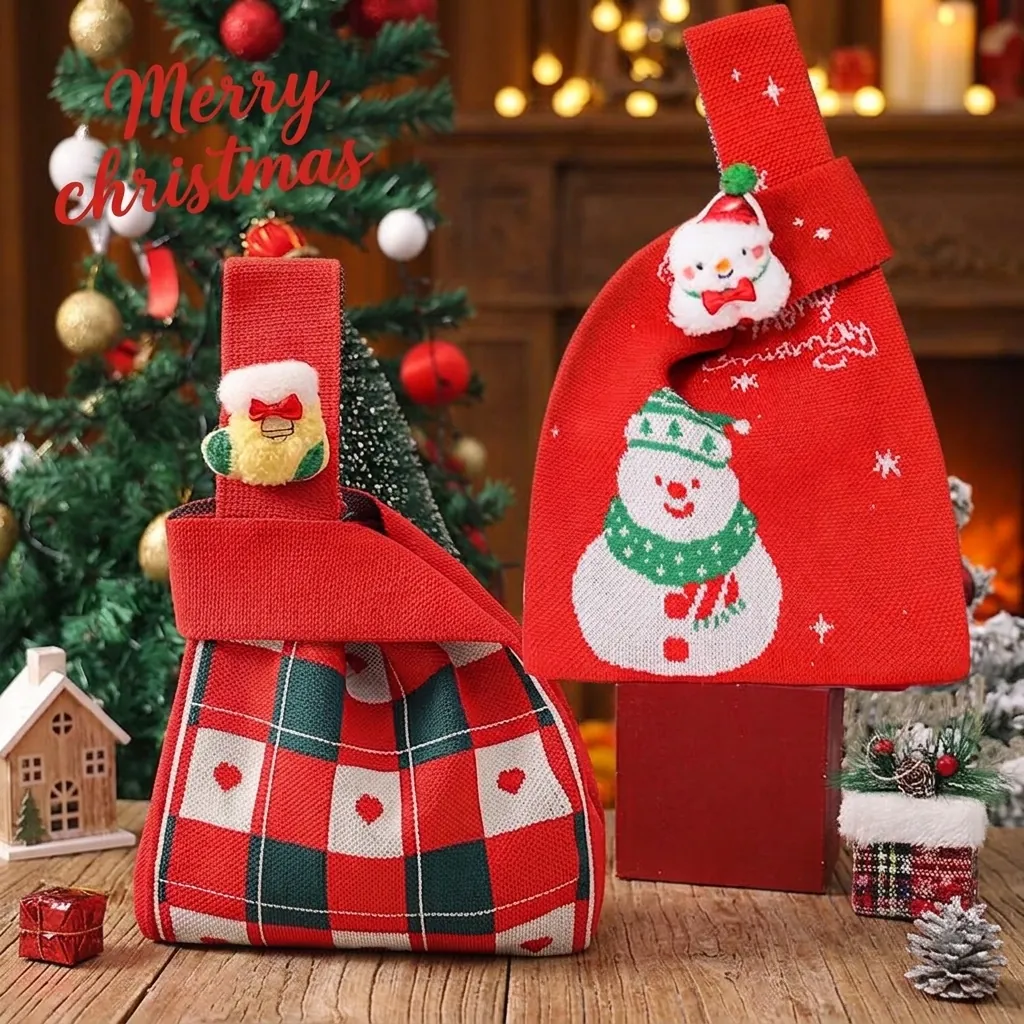 Weihnachts Geschenktüte Gestrickte Tasche Weihnachtsmann Rentier Schneemann Apfel Süßigkeitentüten Party Favors Handtasche Deko Kindergeschenk