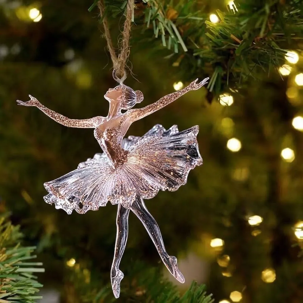 Pendentif de Sapin de Noël Plat en Acrylique Fille Ballerine Décoration Suspendue Renne à Paillettes pour Voiture Maison Fête