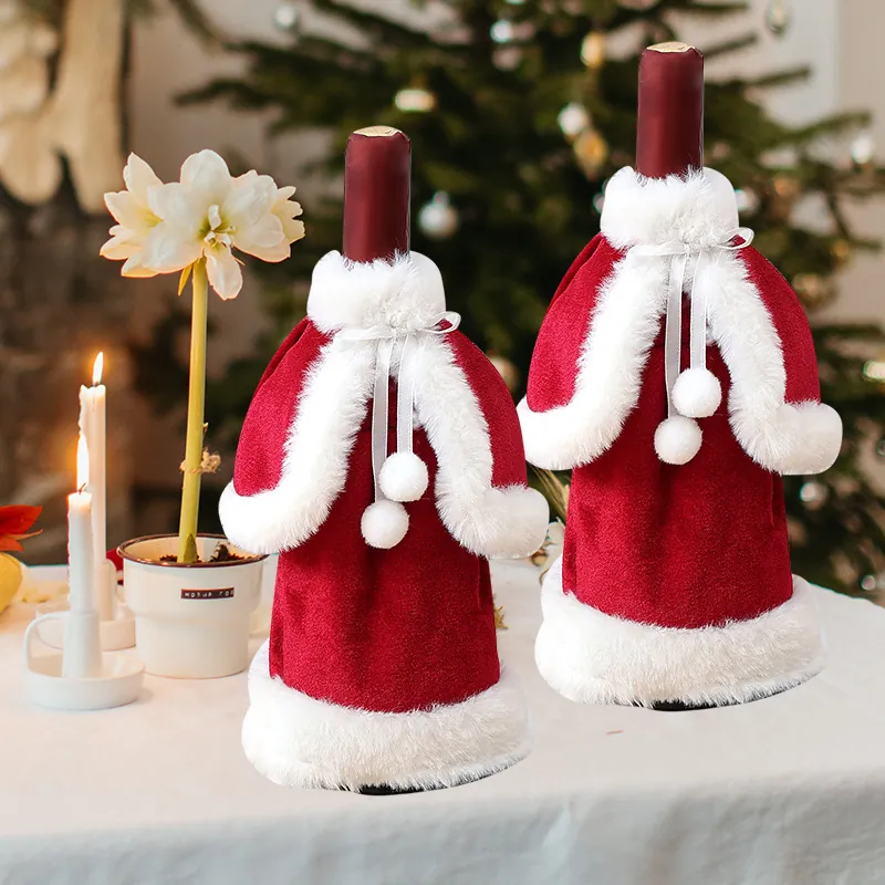 Christmas Velvet Wine Bottle Cover Santa Claus Outfit Style Mini Dress Cape Xmas Party Table Decor Red Wine Bottle Gift Bag