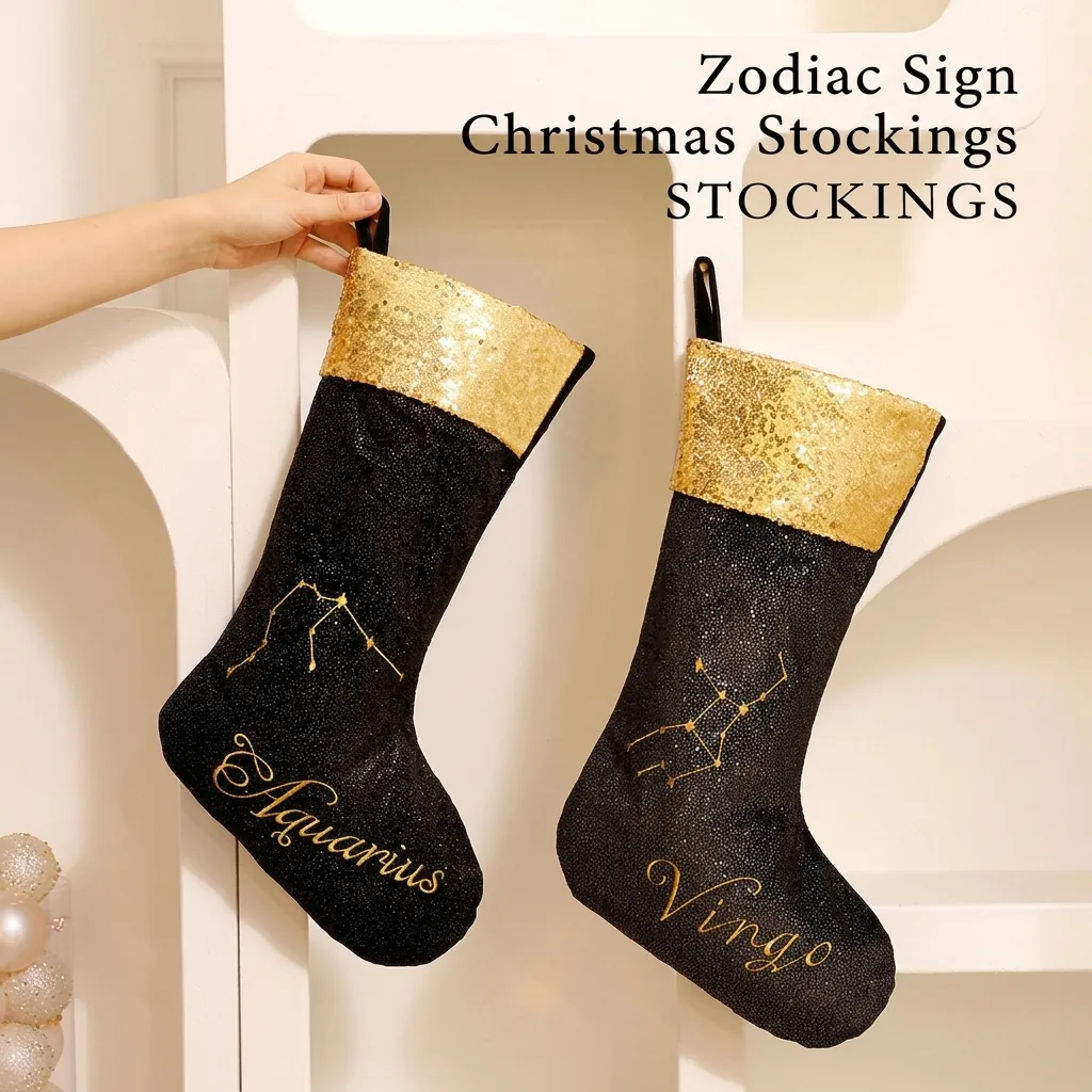 Sternzeichen Weihnachtssocken Schwarz Gold Pailletten Strass Samt Sternbild Socken Geschenktüten Für Weihnachtsfeier Home Deko