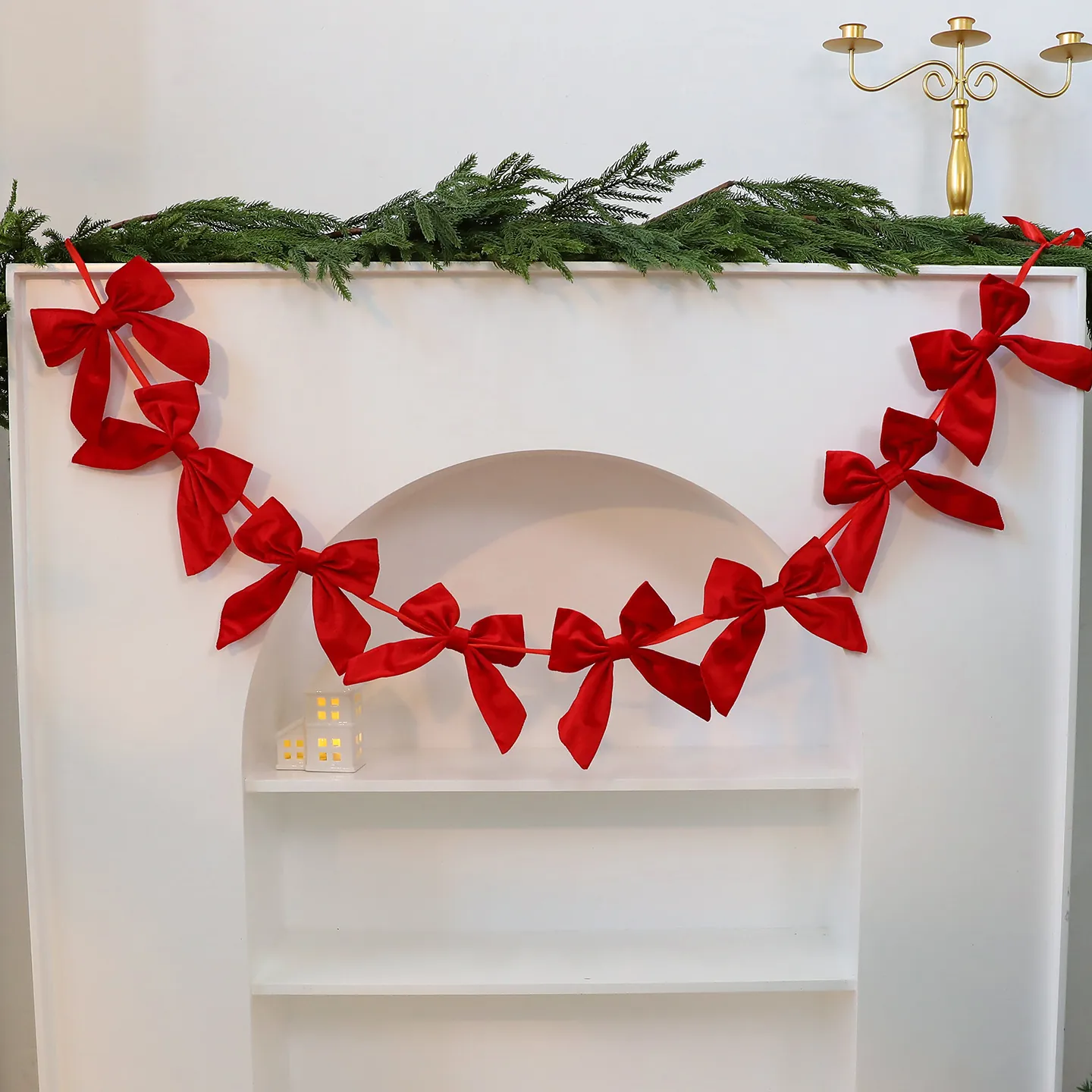 Red Flocking Velvet Christmas Bow Garland 180cm Long Ribbon Bowknot String For Christmas Tree Window Fireplace Decor