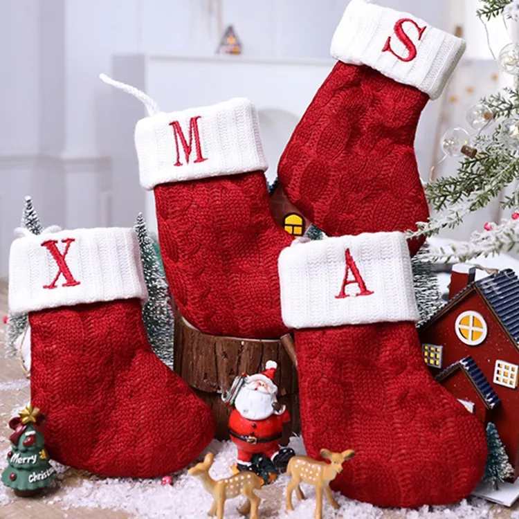 Gestrickte Weihnachtssocke Mini Weihnachtsbaum Hängende Dekoration Mit Rot Weiß Alphabet Schneeflocke Stickerei DIY Feiertag Deko