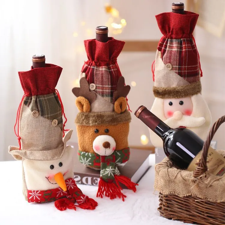 Juego Fundas para Botellas de Vino de Navidad Gnome Papá Noel Renno Muñeco de Nieve Bolsa para Botellas de Vino Decoración Mesa Fiesta Navidad Juego Bolsas Regalo
