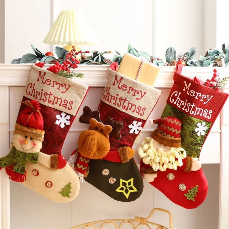 Large Christmas Stocking Decorations Reindeer Snowman Santa Claus Knitted Felt Hanging Pendant Socks For Xmas Tree Fireplace Home Decor