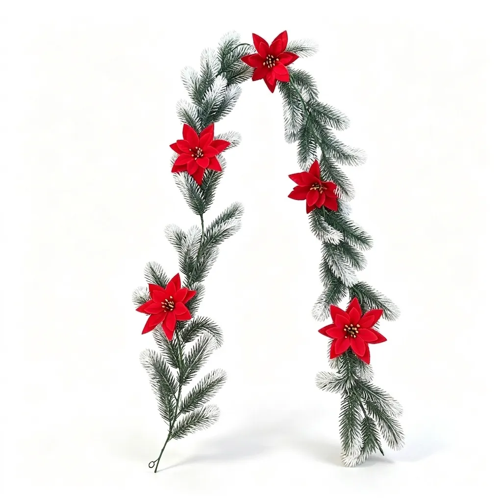 Artificial Plastic Christmas Garland Pine Needles With Red Poinsettia For Home Fireplace Stair Decoration Winter Festival Party Silk Flower Garland