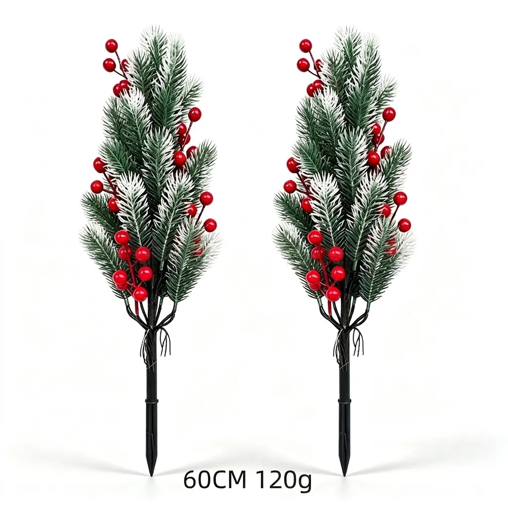Artificial Christmas Pine Needle Stakes Outdoor Garden Yard Decor Snow Flocked Pine Cedar With Red Berries Christmas Supplies