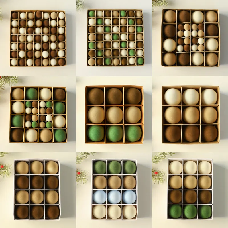 Boules de Noël Floconnées Velours Nordique Incassable Décorations Suspendues pour Arbre de Noël Vert Terre Marron pour Maison