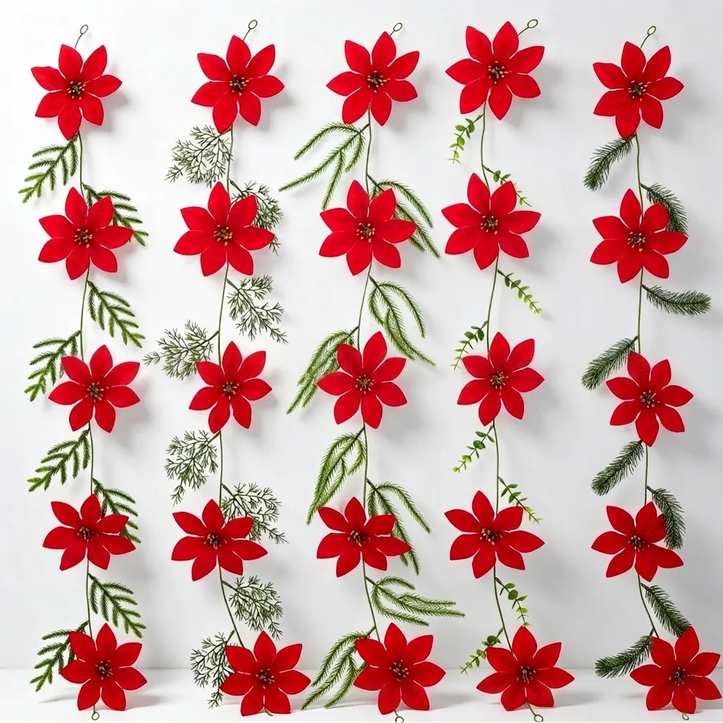Ghirlanda di Poinsettia Artificiale di Natale Fiore Rosso Vite di Aghi di Pino Verde per Decorazione Domestica della Festa di Vacanza Appendere a Parete