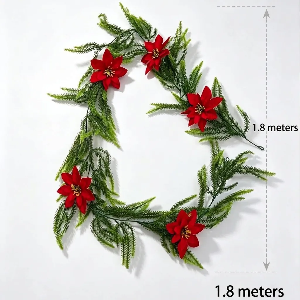 Guirlande de Noël Artificielle en Pin Avec Fleurs de Poinsettia Rouges Pour Porte d'Entrée Cheminée Mur Décoration de Fête Pin de Norfolk Verdure Ornement Maison