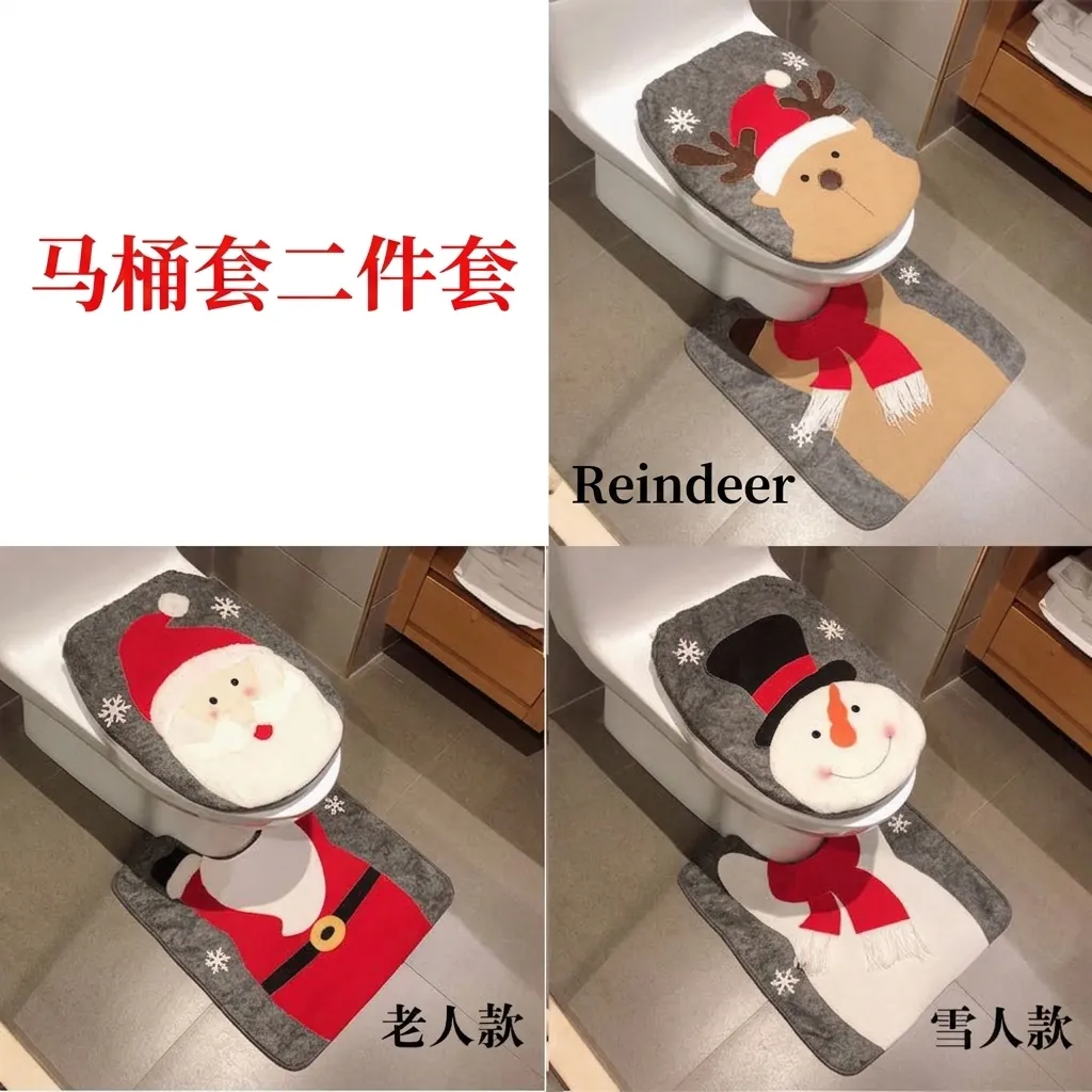 Set Copriwater Tappeto Natalizio Babbo Natale Pupazzo di Neve Renna Decorazioni Bagno Ornamenti Casa Vacanze Regalo