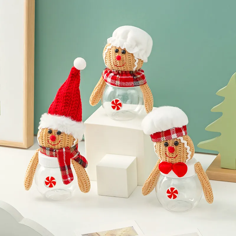 Weihnachten Lebkuchenmann Süßigkeitenglas Mini Transparent Kunststoff Aufbewahrung Mit Strickmütze Für Home Decor