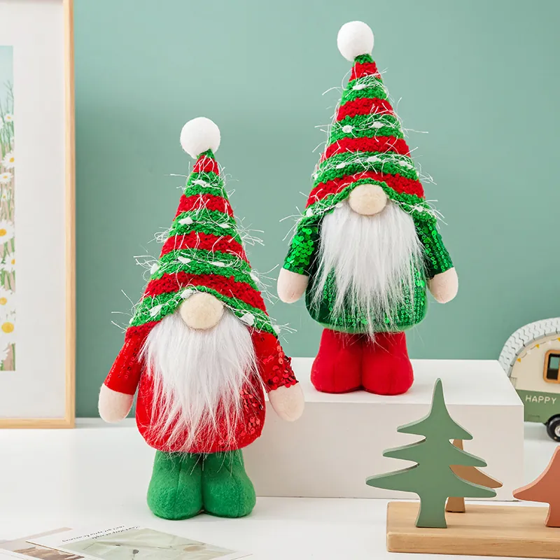 Standing Christmas Sequin Faceless Gnome Rudolph Doll Ornament Striped Knitted Hat Artificial Fur Beard Holiday Home Decor Figurine