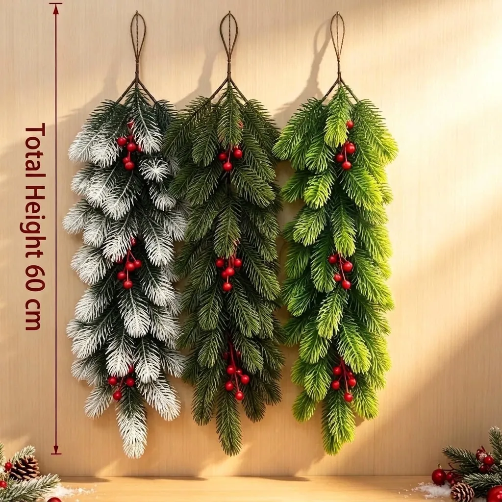 Decoración de Pared de Aguja de Pino de Navidad Artificial Baya Roja Guirnalda de Verdor de Invierno Realista Hogar Navidad Plástico