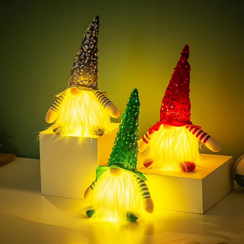 Gnome de Noël Lumineux à Paillettes Peluche Poupée Rudolph Sans Visage Ornement Elfe LED pour Décoration de Bureau Maison Cadeau de Vacances