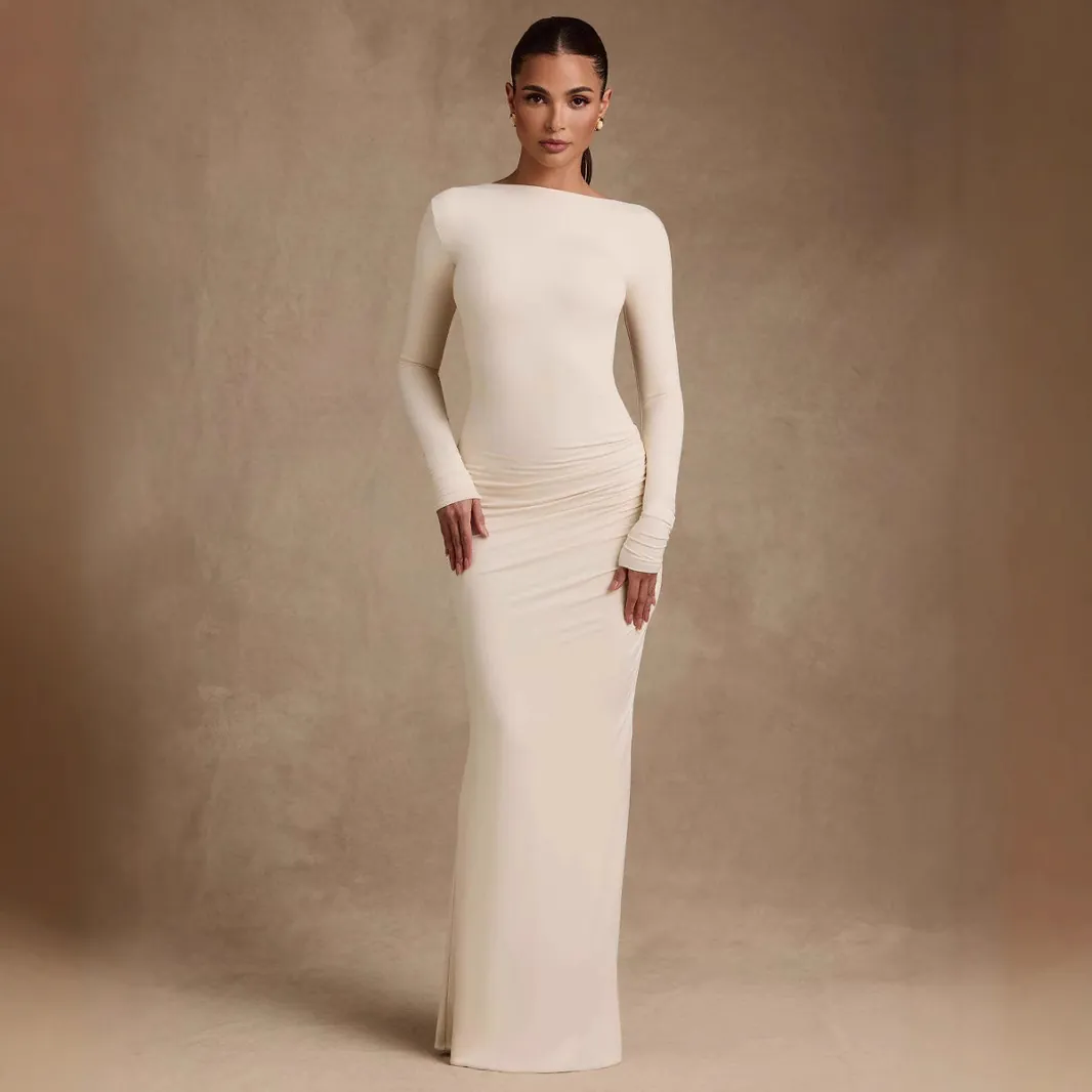 Women Sexy Backless Ruched Bodycon Maxi Dress Long Sleeve Elegant Solid Color Knitted Evening Party Night Club Long Dress
