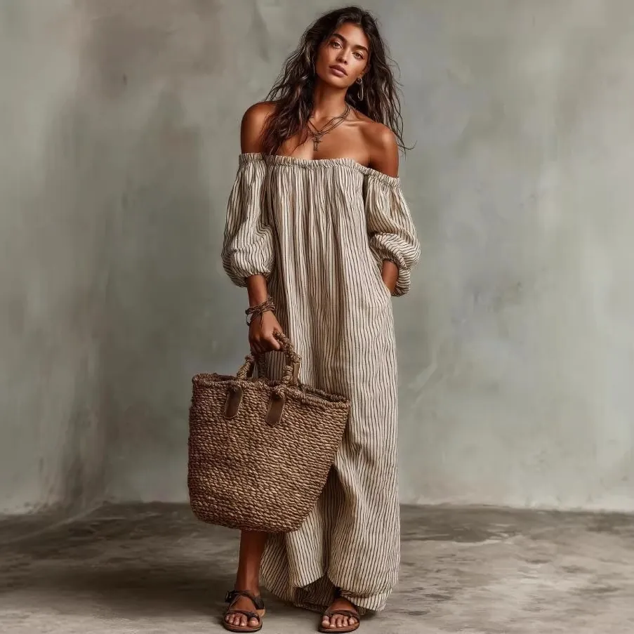 Women Casual Off The Shoulder Striped Maxi Dress Elegant Puff Sleeve Loose Vacation Summer Printed Polyester Spandex Dress