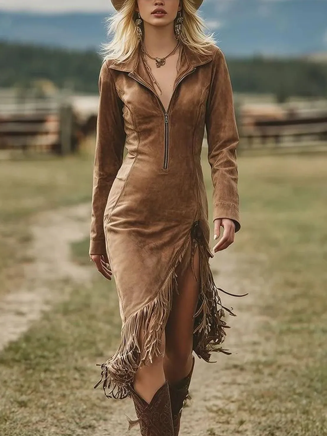 Vestito Midi Aderente in Scamosciato Stile Cowboy Western per Donna Manica Lunga Cerniera Scollo a V Orlo con Frange Vestibilità Aderente