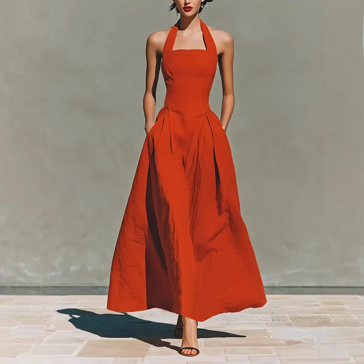 Women Halter Neck Maxi Dress Linen Fabric Sleeveless Backless A-Line Long Dress with Pockets Summer Casual Elegant Party Robe