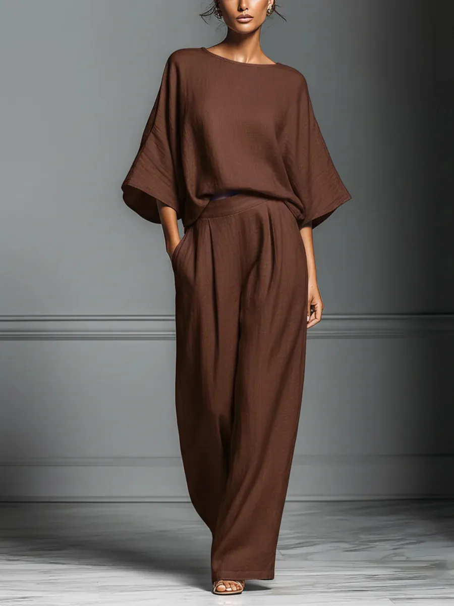 Women Elegant Flare Sleeve Top And Wide Leg Pants Set Minimalist Solid Color Casual Top And Bottom Outfit Spring Summer