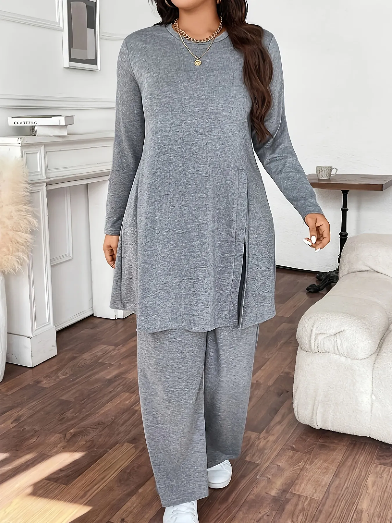 Women Casual Long Sleeve Top And Bottom Outfit Polyester Solid Color Loose Fit Loungewear Side Split Pants Tracksuit