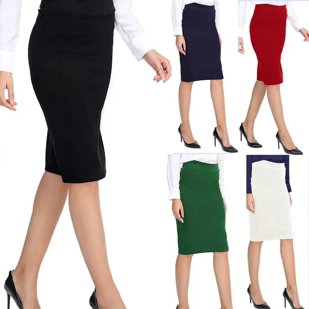 Women High Waist Pencil Skirt Double Layer Bodycon Office Midi Skirt Stitched Solid Color Polyester Commute Bottom