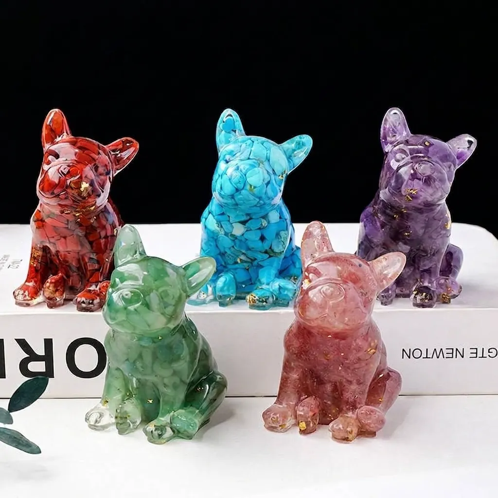 Kristallstein Französische Bulldogge Harzfigur Goldfolie Eingelegte Hundestatue Schreibtischdekoration Zuhause Heilung Skulptur Geschenk