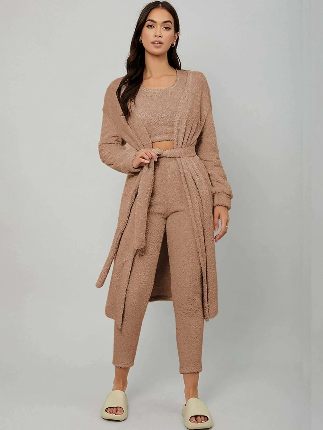 Women Top And Bottom Long Robe With Belt Crop Top And Pants Plush Warm Fleece Solid Color Autumn Winter Home Wear