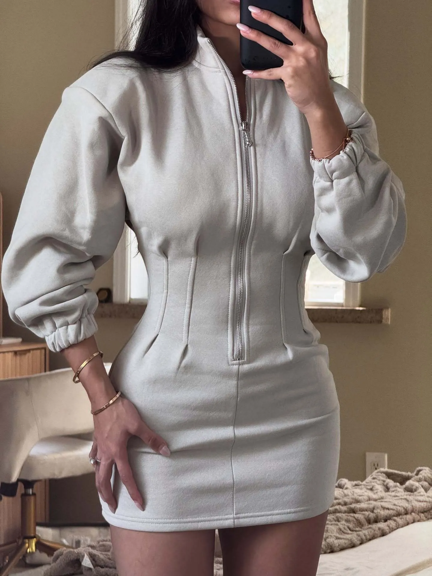 Damen Amerikanischer Hot Girl Stil Stehkragen Langarm Kleid Tailliert Bodycon Mini Kleid Reißverschluss Polyester Elasthan