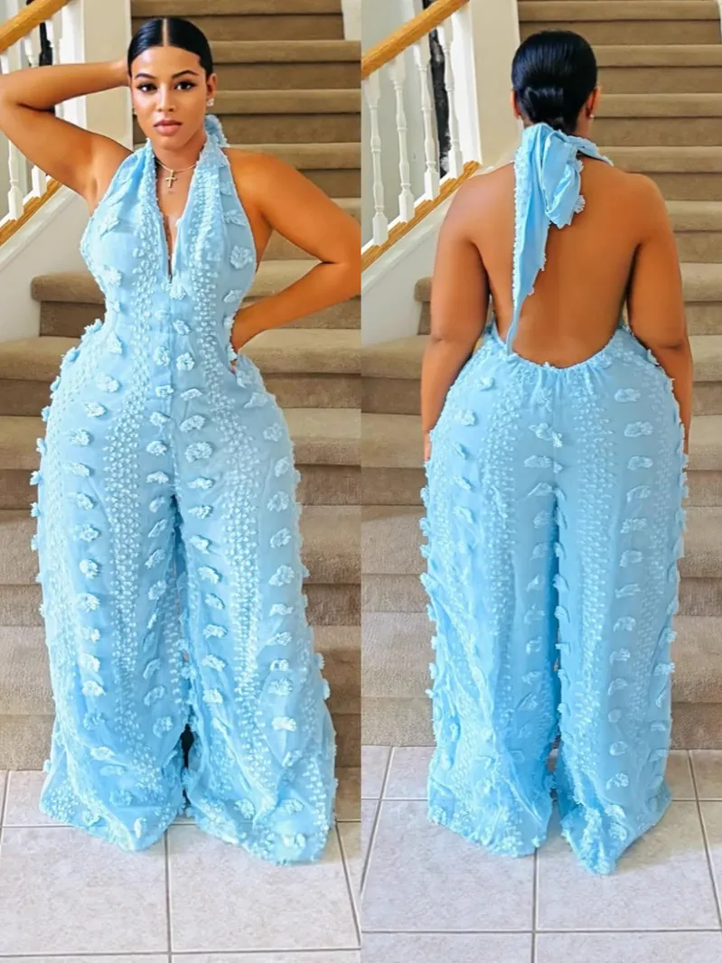 Women Halter V Neck Jumpsuit Backless Embroidered 3D Texture Wide Leg Romper Sexy Summer Party Polyester Sleeveless Streamer