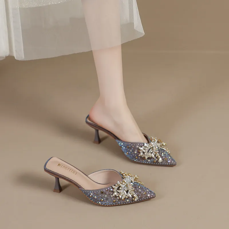 Dames Franse Elegantie Mules Met Hak Strass Strik Puntige Neus Stilettohak Microvezel Feest Bruiloft Sandalen Schoenen