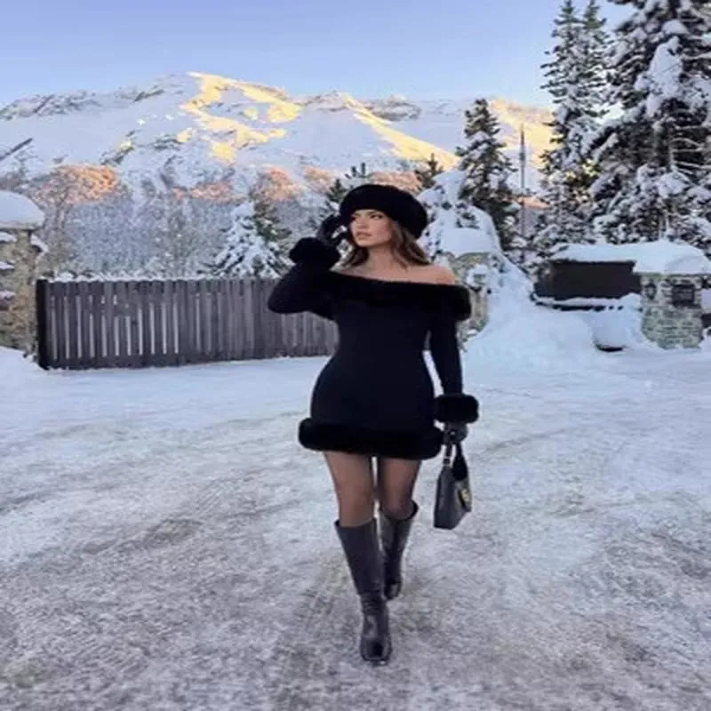 Mini Robe Moulante Sexy à Épaules Dénudées Pour Femmes Avec Bordure en Fausse Fourrure Manches Longues Automne Hiver Fête