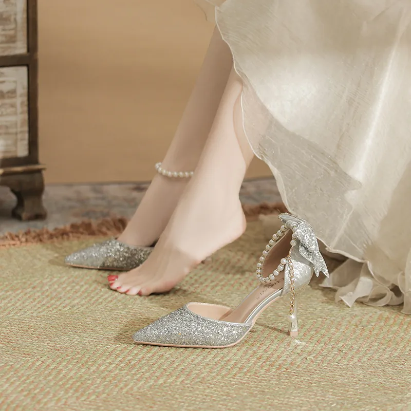 Sequined Bridal High Heels Pointed Toe Stiletto Pumps With Artificial Pearls And Bowknot Wedding Party Banquet Women Shoes