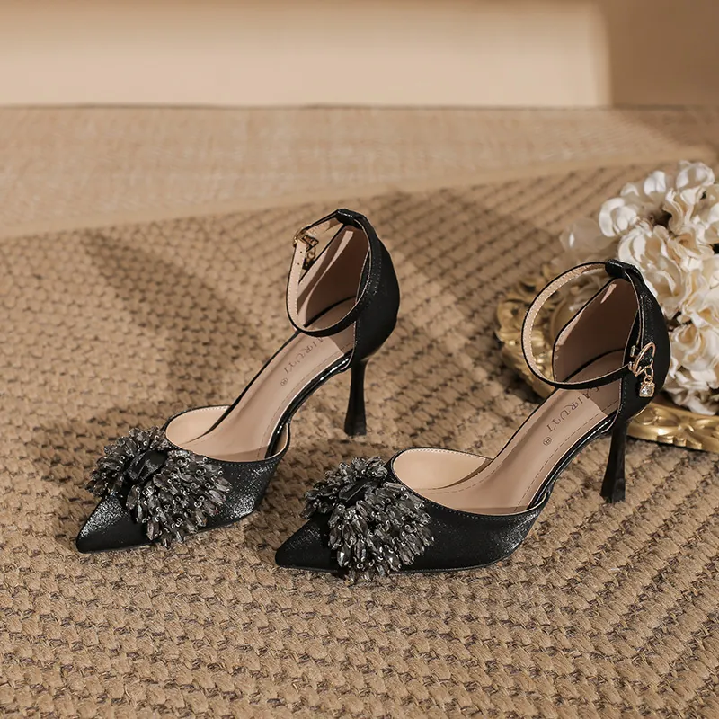 Women Pointed Toe Stiletto High Heels Rhinestone Bow Satin Pumps D'Orsay Ankle Strap Elegant Dress Shoes For Wedding Party