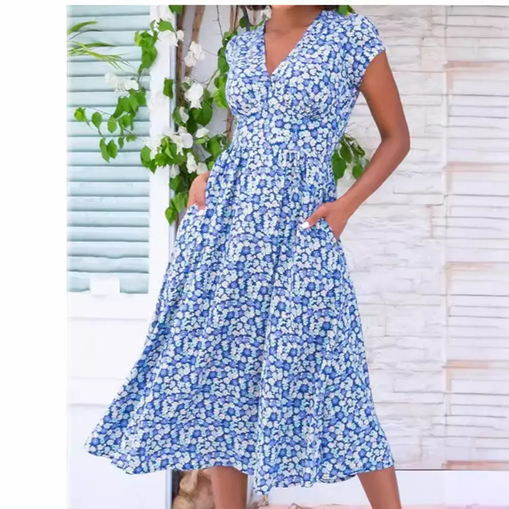 Damen Boho V-Ausschnitt Bedrucktes Midi Kleid Casual Kurzarm Blumen Polyester Sommerkleid Mit Taschen Strandurlaub Mode