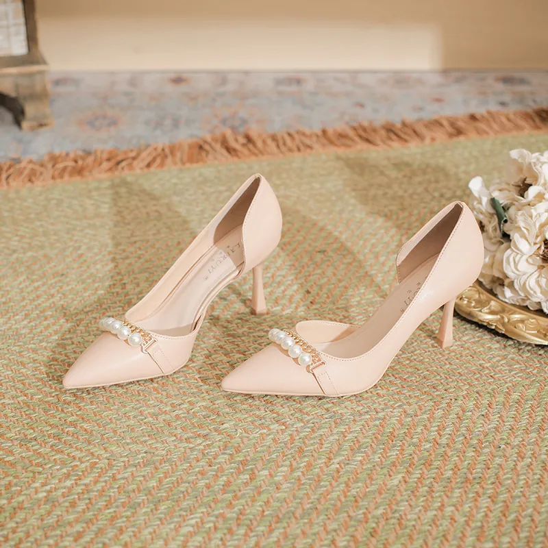 Women Pointed Toe Stiletto High Heels Elegant Artificial Pearl Strap Side Hollow Pumps Microfiber Versatile Commute Dress Shoes