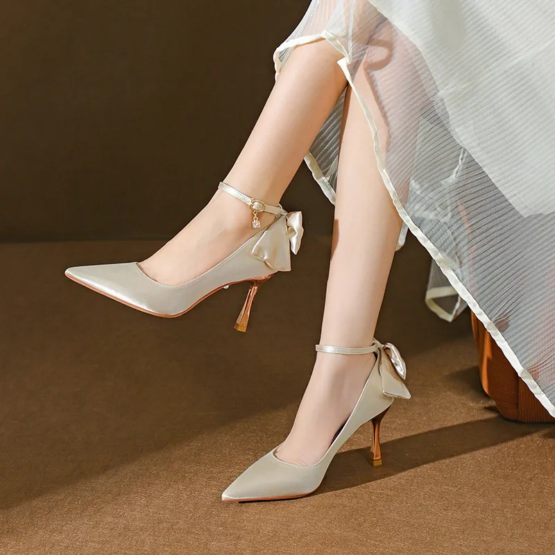 Elegante Damen Spitze Stiletto High Heels Satin Schleife Knöchelriemen Bankett Hochzeit Party Pumps Schuhe