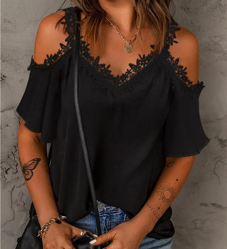 Damen Sexy Wimpernspitze V-Ausschnitt Schulterfrei Kurzarm Top Polyester Ausgehöhlt Lässig Sommer T-Shirt Bluse
