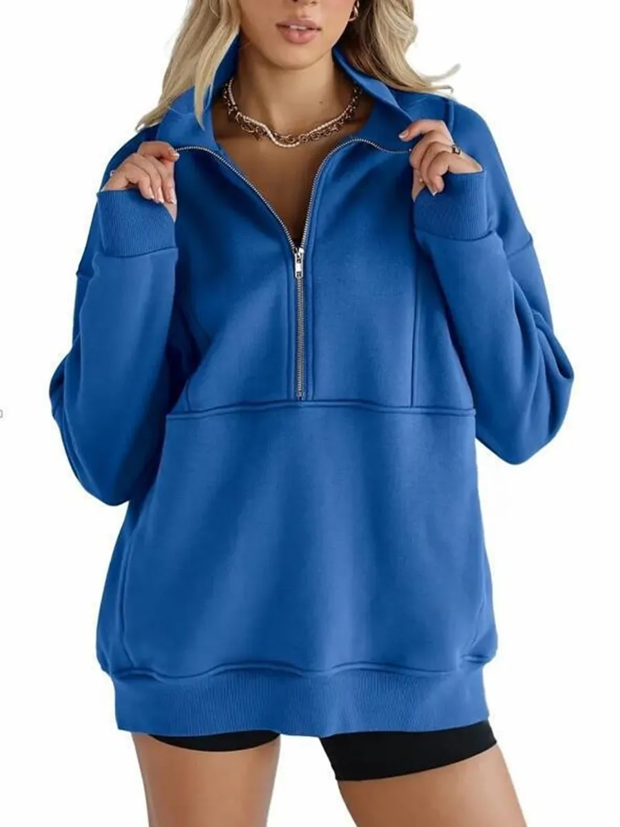 Women Casual Polar Fleece Half Zip Sweatshirt Loose Stand Collar Long Sleeve Splicing Solid Color Warm Pullover Top