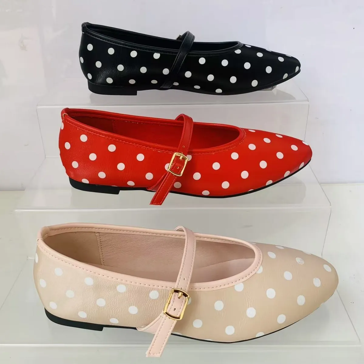 Chaussures Plates Mary Jane à Pois pour Femmes Bout Rond Confortable Boucle à Bride Unique Ballerines en Tissu Rétro