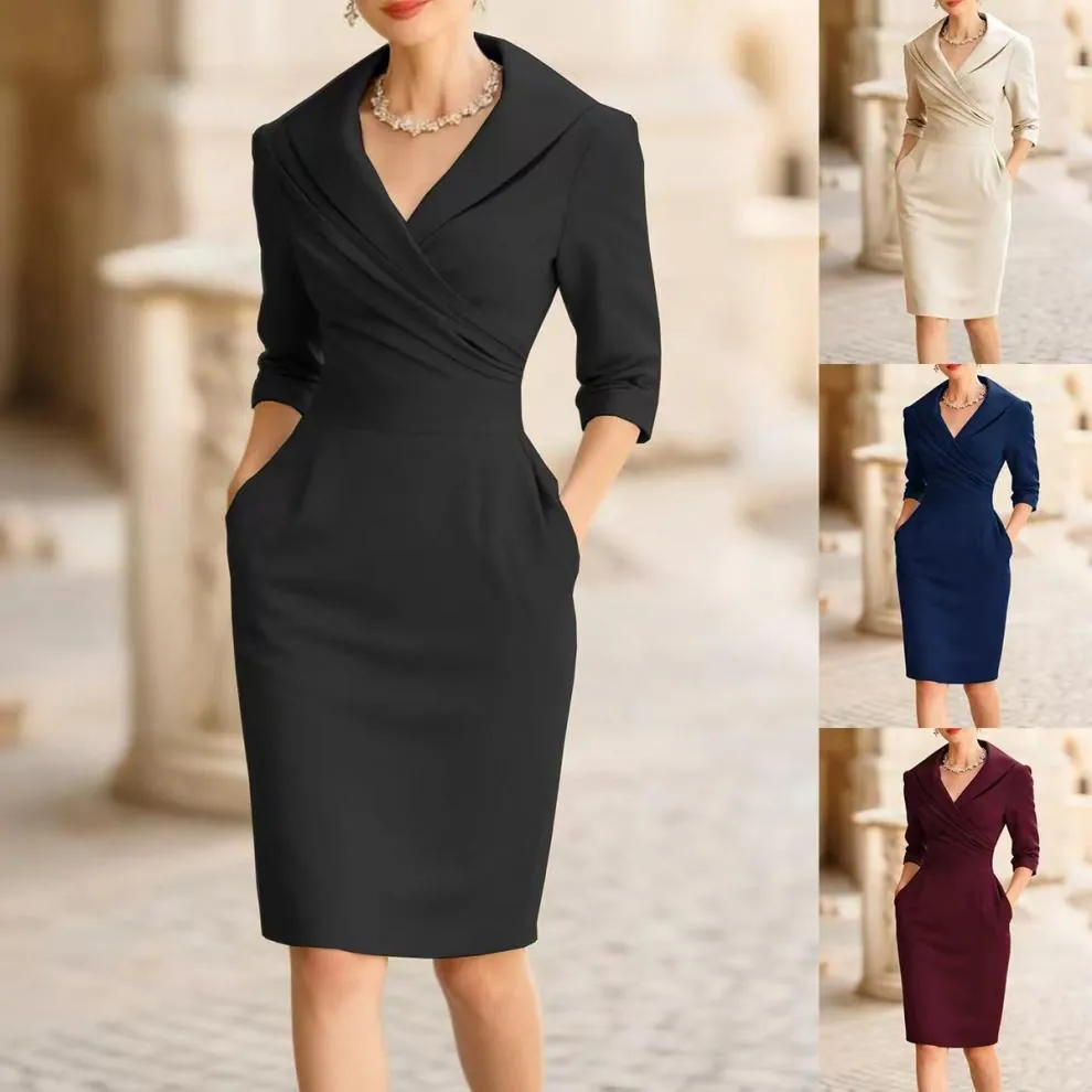 Elegant V-Neck Shawl Collar Wrap Midi Dress Slim Waist Solid Color Mid-Sleeve Office Work Dress With Pockets Women Polyester