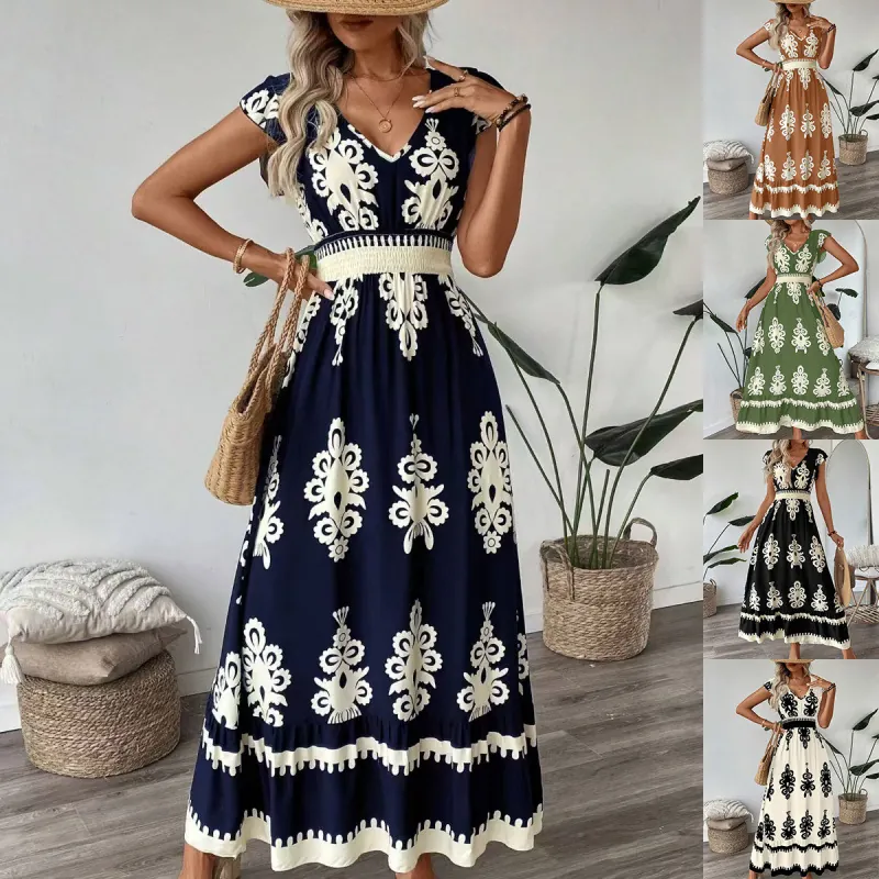 Robe Longue Bohème pour Femme avec Col en V Manches Papillon Taille Froncée en Polyester Imprimé Fleuri Décontracté