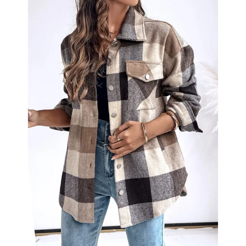 Dames Geruite Shacket Lange Mouw Button Down Overhemd Jas Revers Kraag Oversized Polyester Geruite Bovenkleding Voor De Winter
