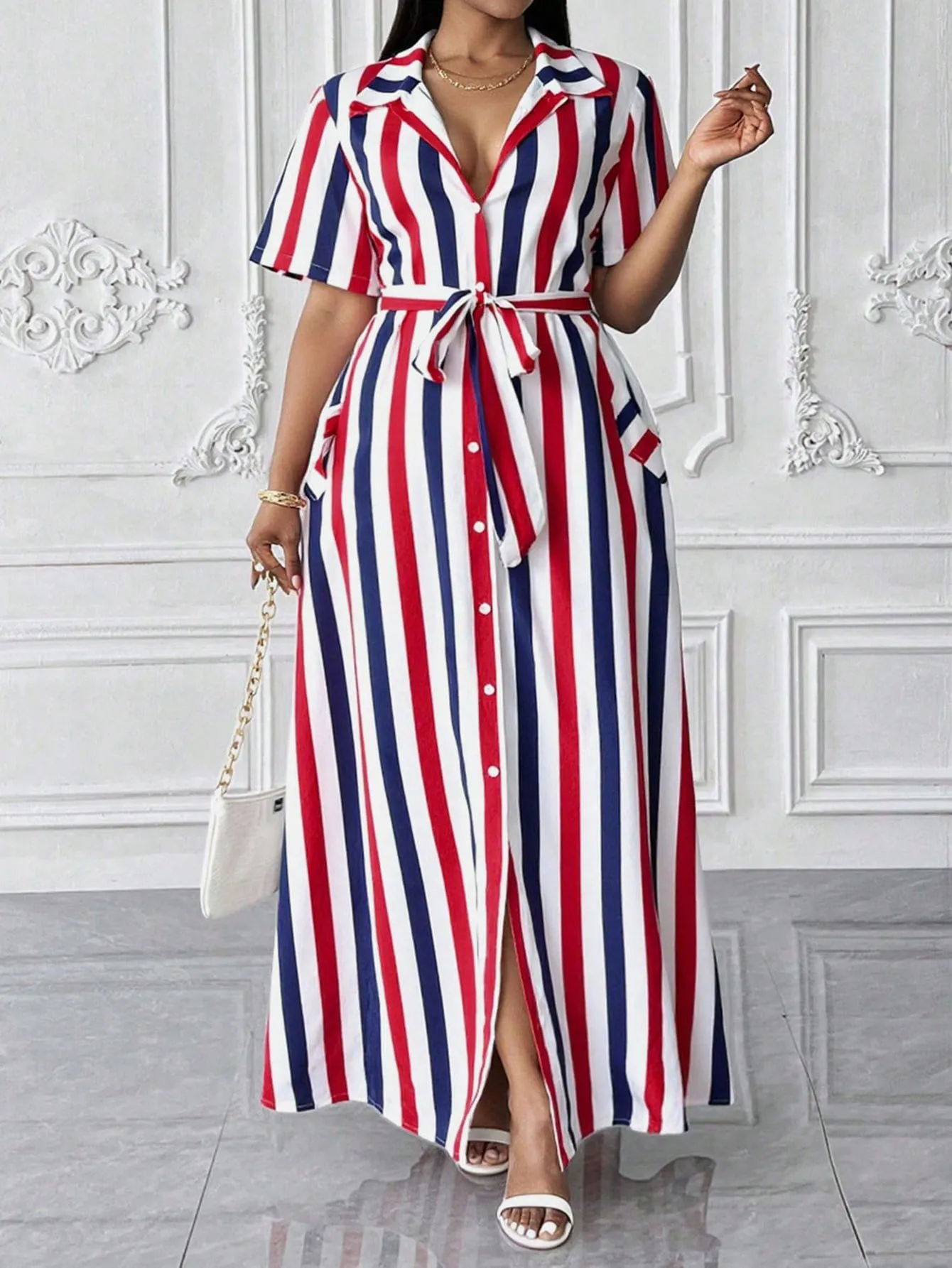 Women Plus Size Striped Print Polo Collar Short Sleeve Maxi Dress With Waist Tie Button Elegant Summer Vacation Beach Long Dress