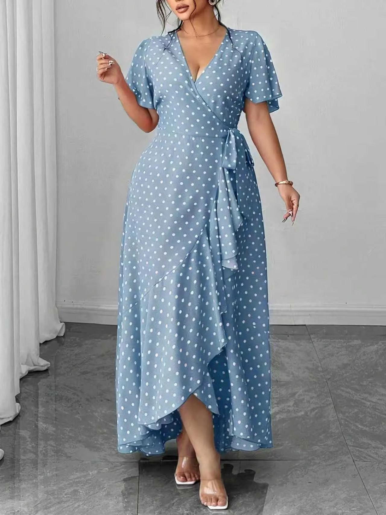 Women Plus Size Polka Dot V-neck Wrap Midi Dress With Tie Waist Ruffle Hem Short Sleeve Polyester Summer Vacation Dress