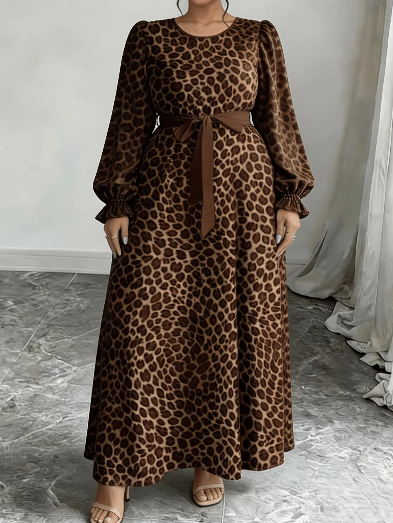 Women Plus Size Leopard Print Maxi Dress Elegant Crew Neck Long Sleeve Casual A-Line Dress With Belt Autumn Fashion Apparel