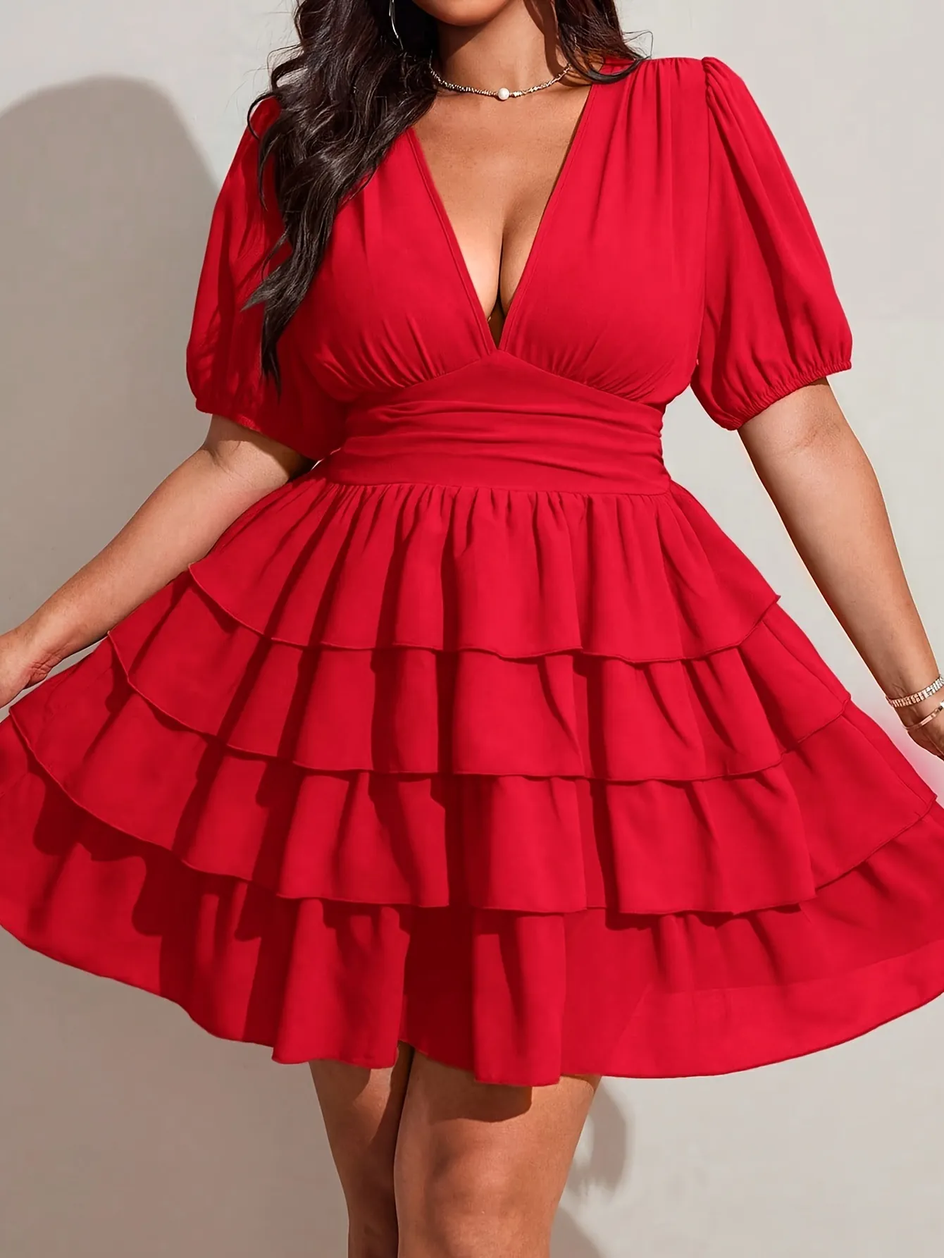 Women Plus Size V Neck Short Puff Sleeve Tiered Mini Dress Summer Casual Solid Color Smocked Waist Ruffle Tiered Cake Dress